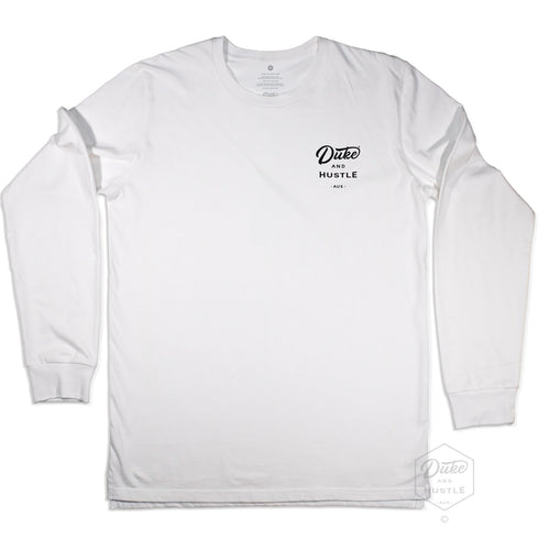 Duke and Hustle black Pocket Logo, Unisex Long Sleeve Cuff Tee on Australian Cotton, White, Front