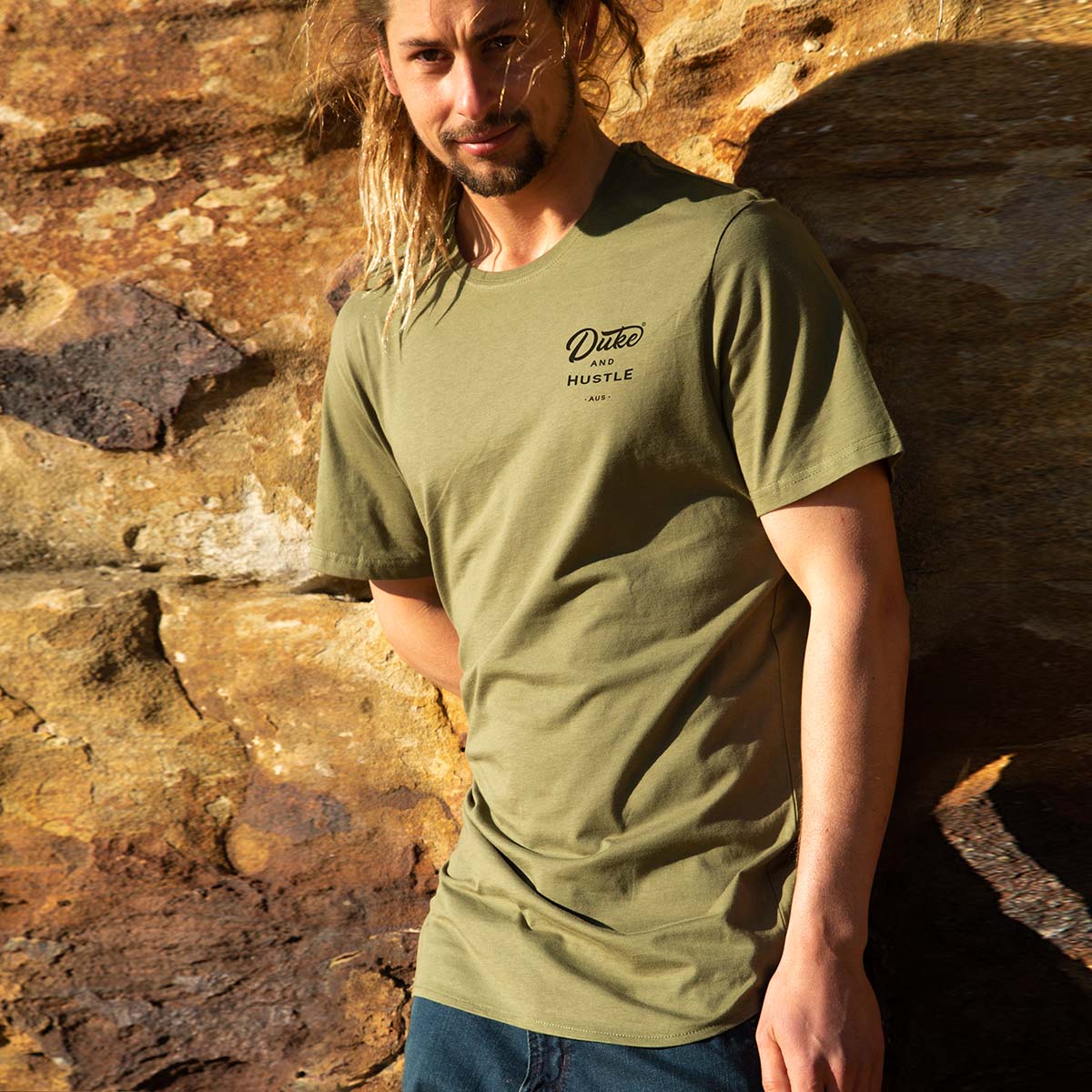 Men’s Long Curve Tee, in Khaki, front, modelled