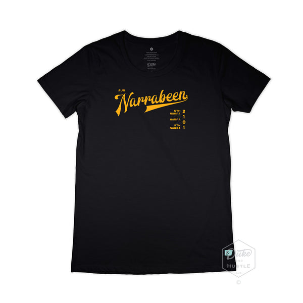 Narrabeen Beach Graphic Tee, dark yellow coloured print on Black Long Curve Women’s Cotton T Shirt, front