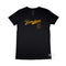 Narrabeen Beach Graphic Tee, dark yellow coloured print on Black Long Curve Women’s Cotton T Shirt, front