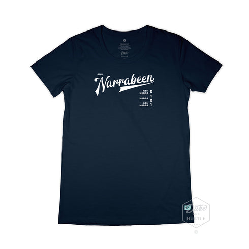 Narrabeen Beach Graphic Tee, white print on Navy Long Curve Women’s Cotton T Shirt, front