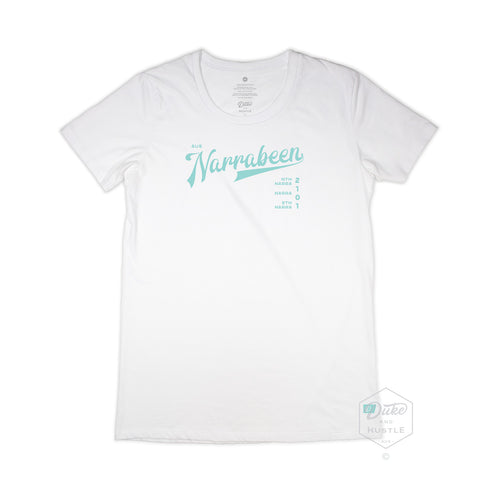 Narrabeen Beach Graphic Tee, aquamarine coloured print on White Slim Fit Women’s Cotton T Shirt, front
