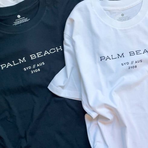 Palm Beach Sydney Graphic tee, 100% Australian Cotton, Front, Navy and White tees, Close Up