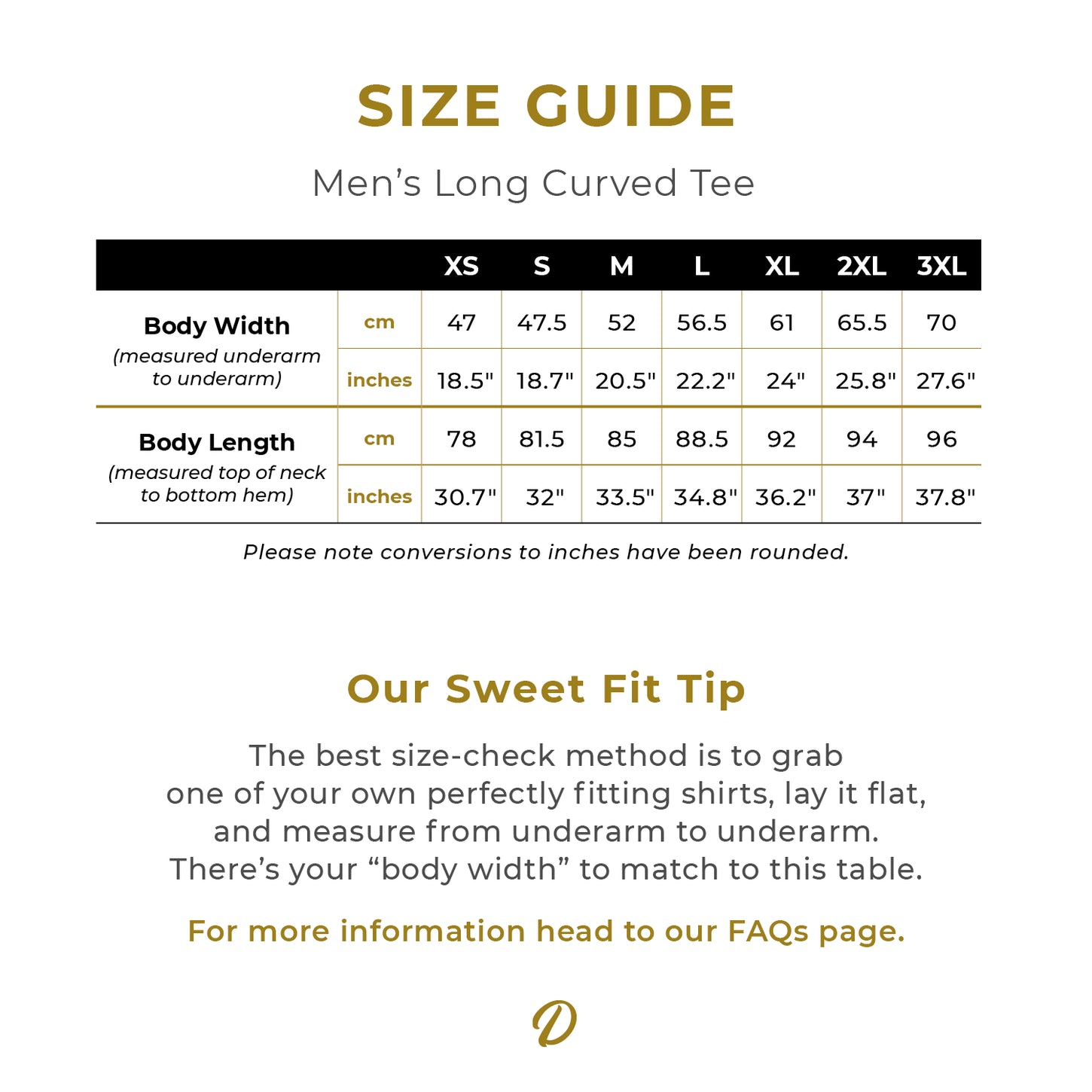 Size Guide for the Men’s Long Curve Cotton T Shirt
