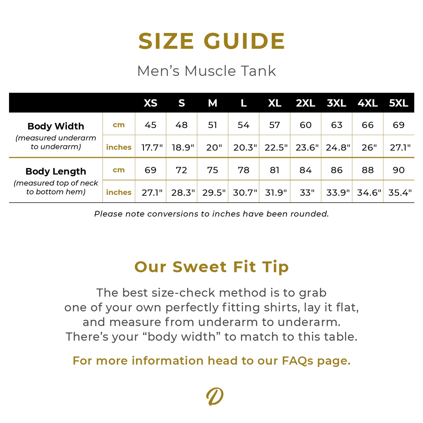 Size Guide for the Men’s Muscle Tank with raw arm holes