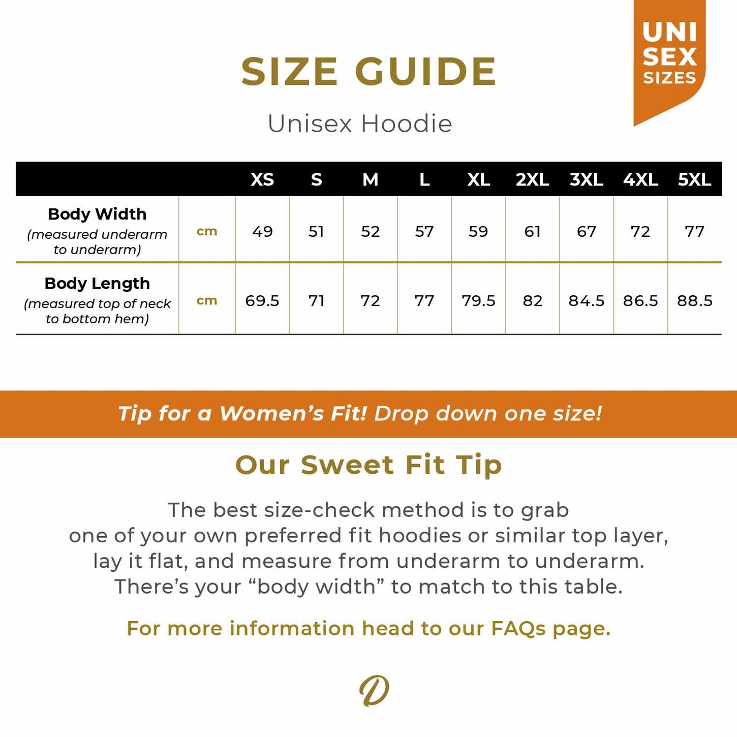 Size Guide for our Unisex Fleece Hoodie, ribbed cuffs, drawcord, and kangaroo pockets