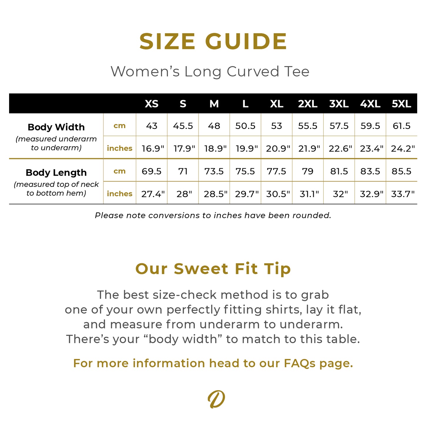 Size Guide for the Women’s Long Curve Tee