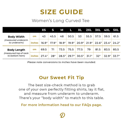 Size Guide for the Women’s Long Curved Tee