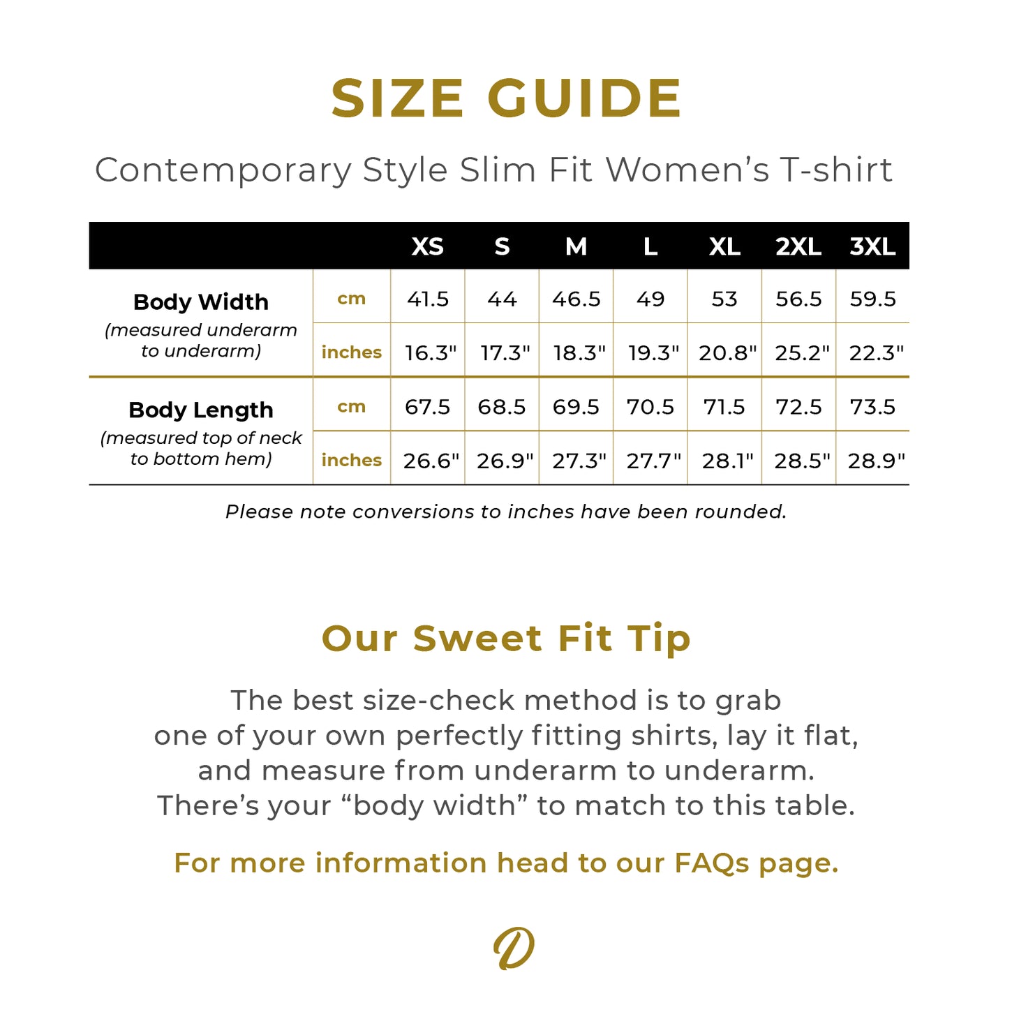 Size Guide for the Women’s Slim Fit 100% Australian Cotton Tee