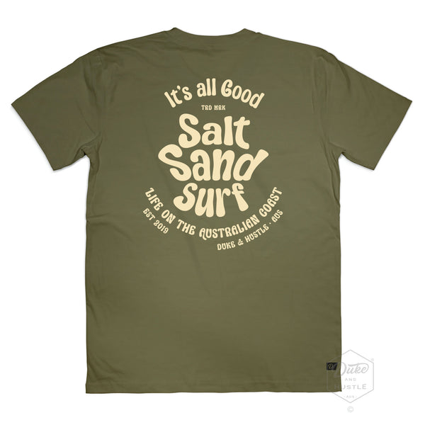 The Triple Hit, Unisex Graphic Retro Beach T Shirt, 100% Cotton, Back, Khaki