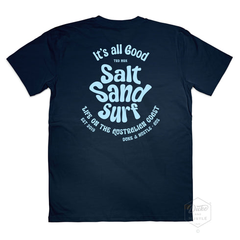 The Triple Hit, Unisex Graphic Retro Beach T Shirt, 100% Cotton, Back, Navy