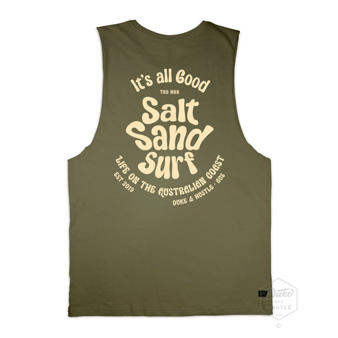 The Triple Hit, Men’s Graphic Retro Beach Tank, 100% Cotton, Back, Khaki