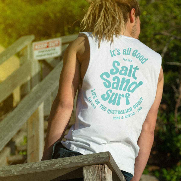 The Triple Hit, Men’s Graphic Retro Beach Tank, 100% Cotton, Back, White, modelled