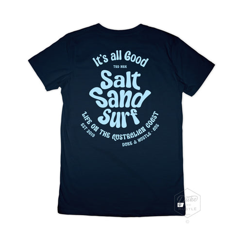 The Triple Hit, Women’s Graphic Retro Beach T Shirt, 100% Cotton, Back, Navy