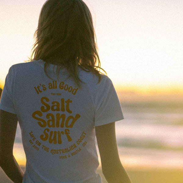 The Triple Hit, Women’s Graphic Retro Beach T Shirt, in White Cotton, modelled