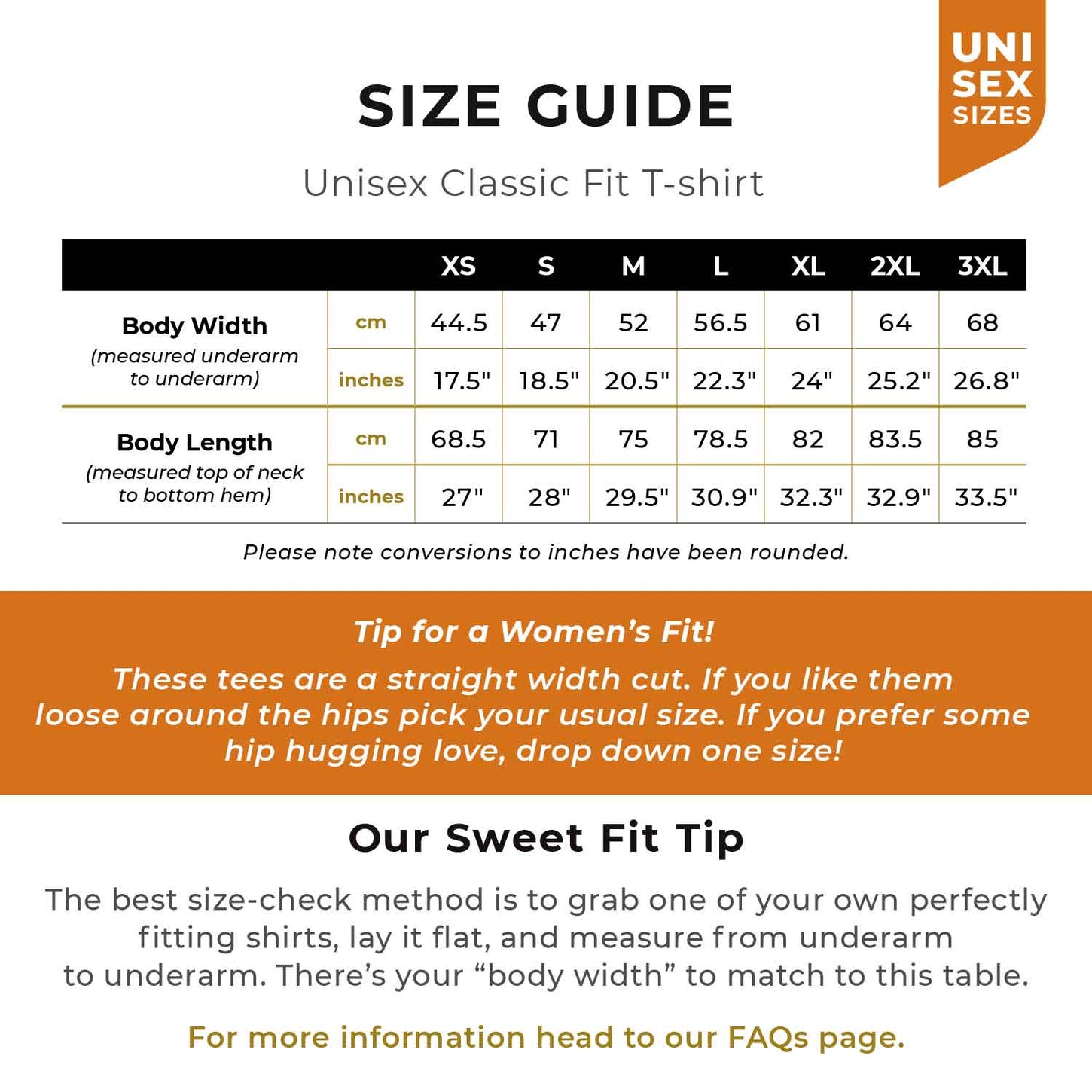 Size Guide for the Unisex Classic Fit T shirt