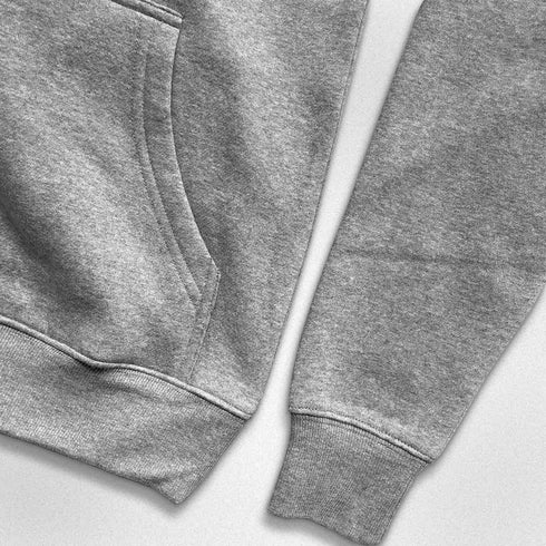 Unisex Fleece Hoodie, front close up showing fleece lined kangaroo pocket, cuffed sleeves, in grey marle
