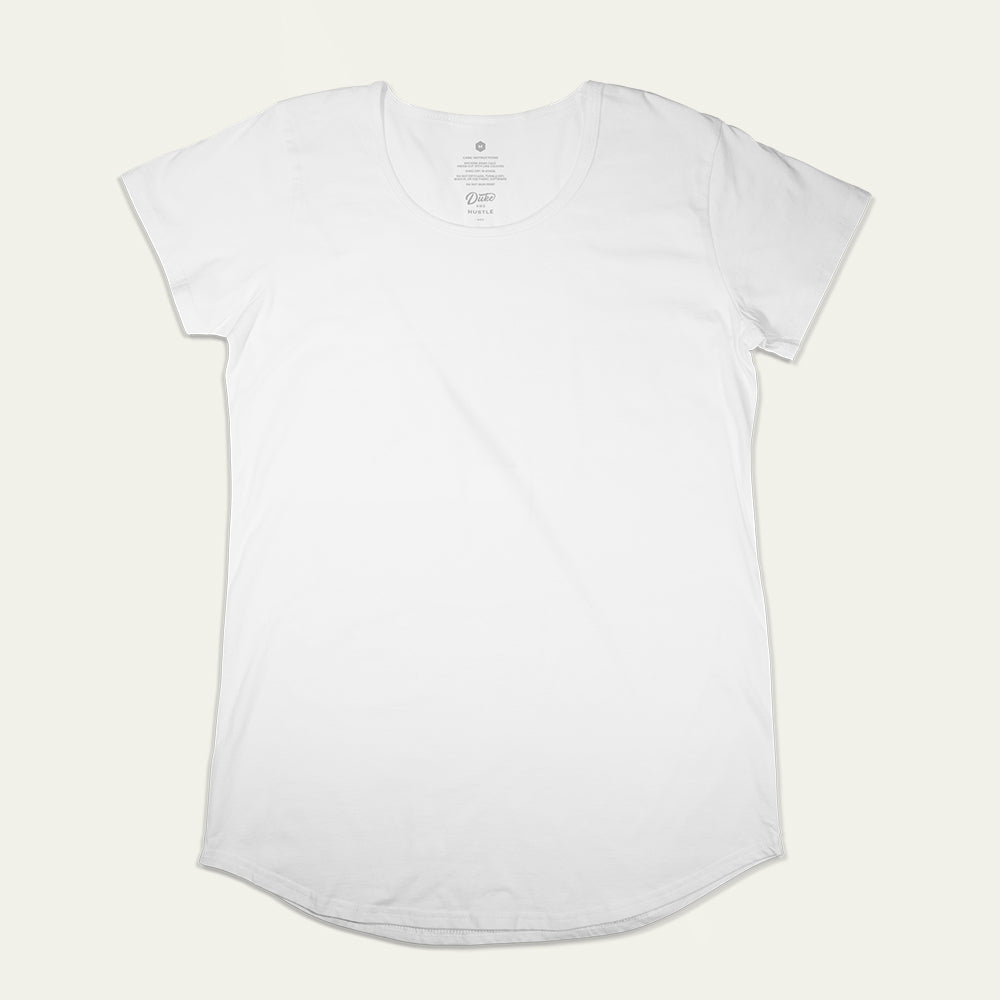 Our women’s long curve short sleeve tee, shown here in white