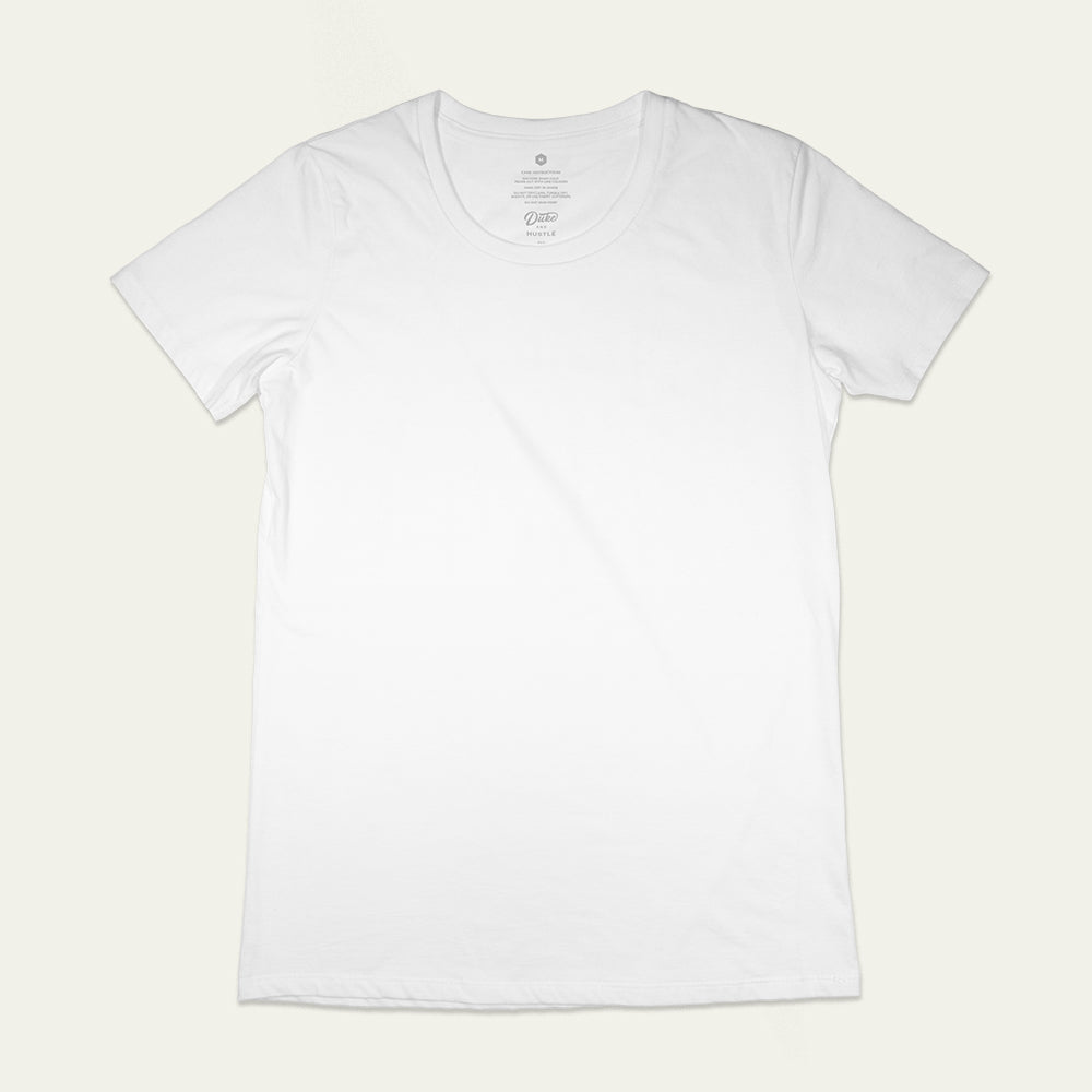 Our women’s slim fit short sleeve tee, shown here in white