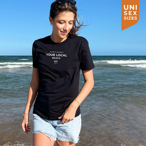 Emma wears a black Unisex Classic Fit Tee, showing an example of a CoOrds print