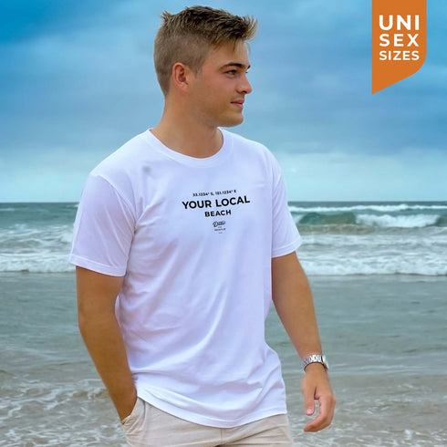 Tim wears a white Unisex Classic Fit Tee, showing an example of a CoOrds print