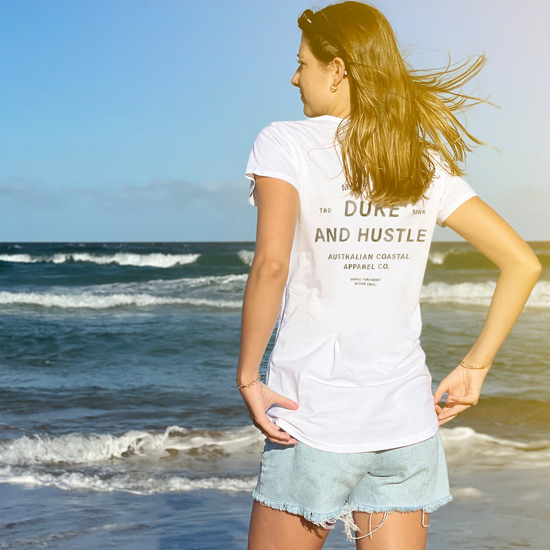 The Zinc Element modelled on our white Women’s Long Curve Tee