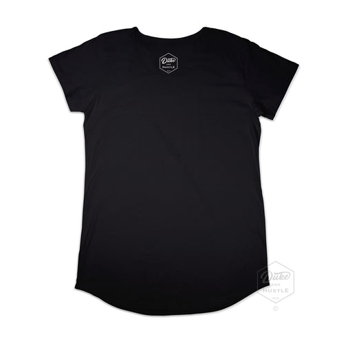 Mona Vale Type Graphic T Shirt, Women’s Long Curve T Shirt, Black, Back