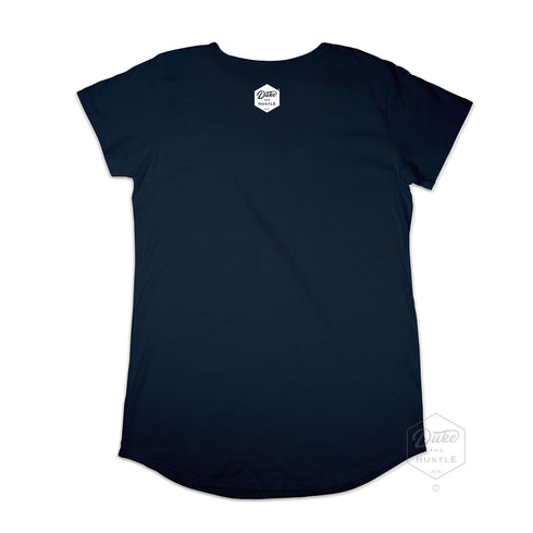 Freshwater Beach Graphic, Women’s Cotton T Shirt, Laid Flat, Navy, Back