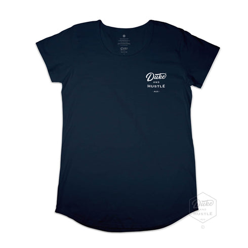 The Deep See, Women’s Graphic Long Curve T Shirt, Flat Lay, Navy, Front
