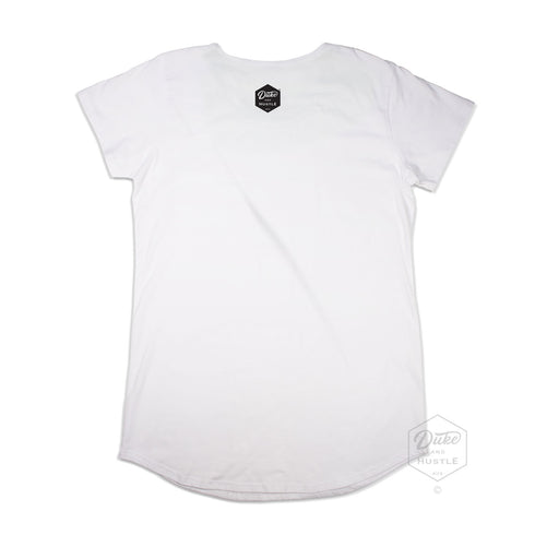 Diamond Beach Women's Long Curved Graphic T Shirt, White with indigo print, Back