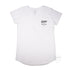 The Early Riser, Women’s Graphic Long Curve T Shirt, Flat Lay, White, Front