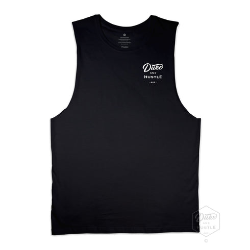 Men’s Graphic Typography Print Muscle Tank on Australian Cotton, Black, Front