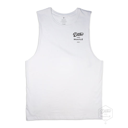 Men’s Graphic Typography Print Muscle Tank on Australian Cotton, White, Front