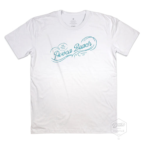 Avoca Beach Men’s Graphic T Shirt on Australian Cotton, White, Front