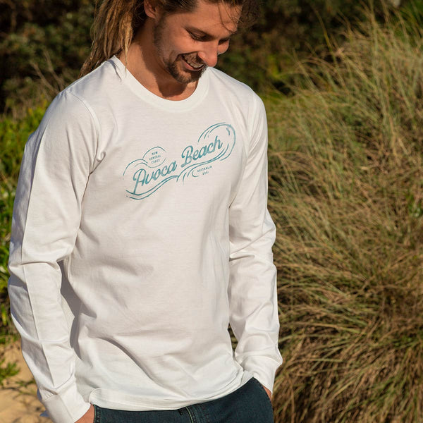 Avoca Beach Graphic, Long Sleeve Cotton Shirt, White, Front, modelled by Ollie