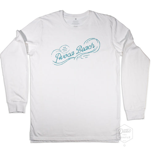 Avoca Beach Graphic, Long Sleeve Shirt on Australian Cotton, White, Front