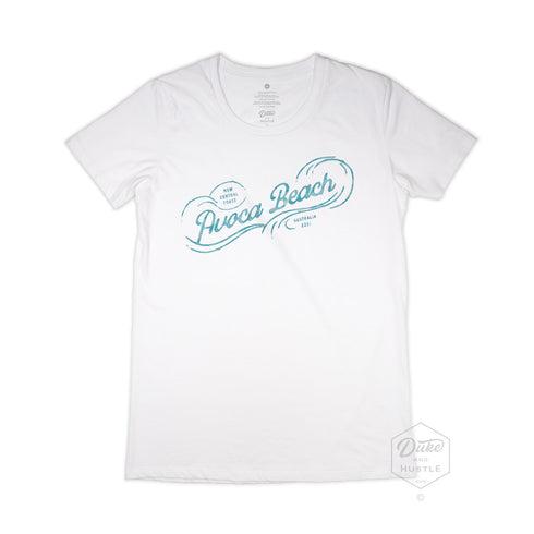 Avoca Beach Women’s Graphic T Shirt on Australian Cotton, White, Front