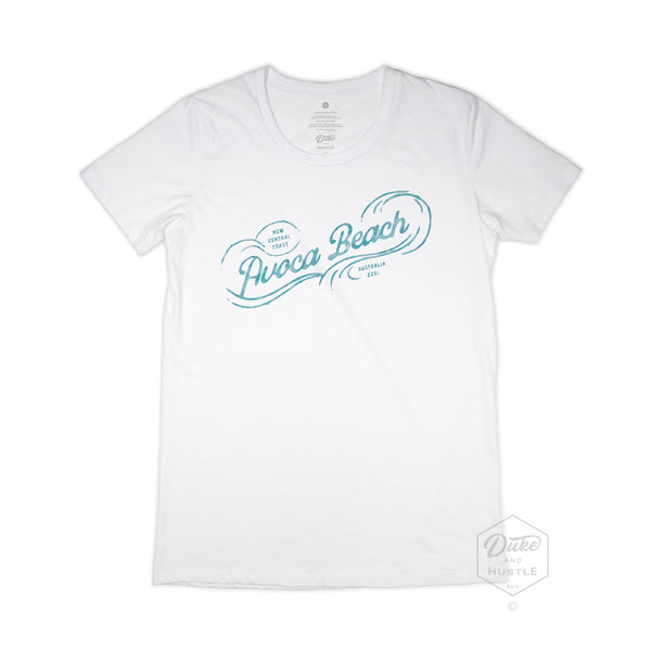 Avoca Beach Women’s Graphic T Shirt on Australian Cotton, White, Front