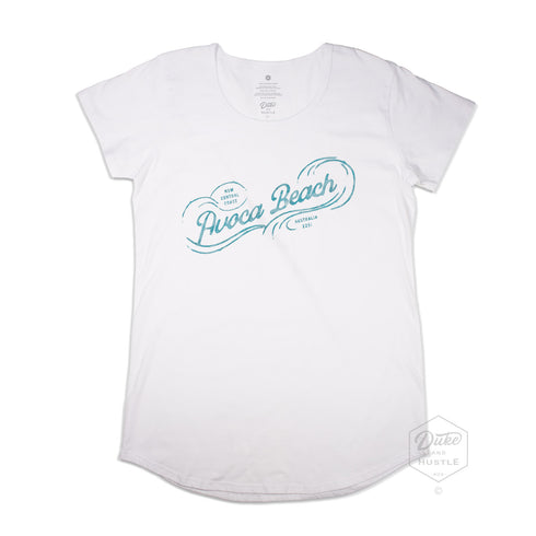 Avoca Beach Women’s Graphic T Shirt on Australian Cotton, White, Front