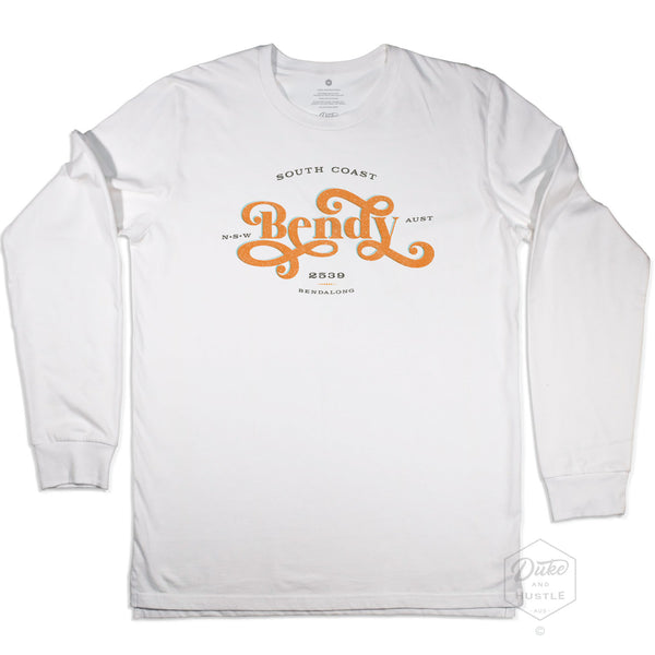 Bendalong Graphic Long Sleeve T Shirt on Australian Cotton, White, Front