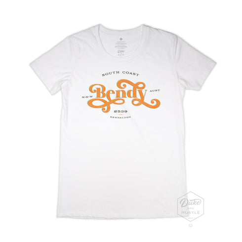 Bendalong Women’s Graphic T Shirt on Australian Cotton, White, Front