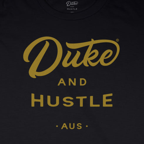Women’s Duke and Hustle Gold Logo Slim Fit Tshirt, Black, Close Up