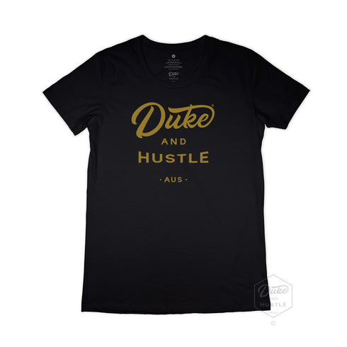 Women’s Duke and Hustle Gold Logo Slim Fit Tshirt on Australian Cotton, Black, Front