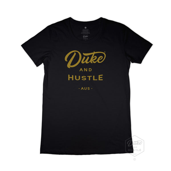 Women’s Duke and Hustle Gold Logo Slim Fit Tshirt on Australian Cotton, Black, Front