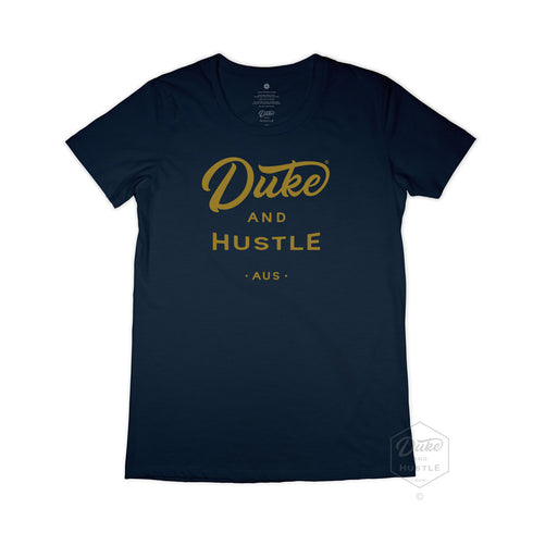 Women’s Duke and Hustle Gold Logo Slim Fit Tshirt on Australian Cotton, Navy, Front