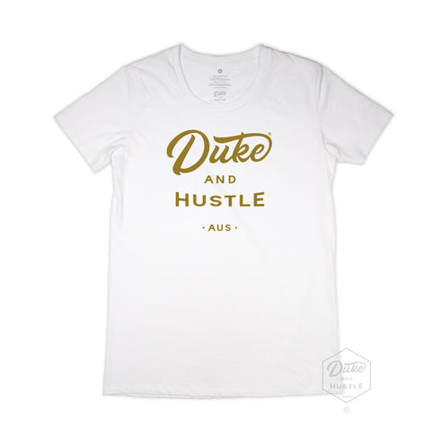 Women’s Duke and Hustle Gold Logo Slim Fit Tshirt on Australian Cotton, White, Front
