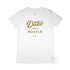 Women’s Duke and Hustle Gold Logo Slim Fit Tshirt on Australian Cotton, White, Front