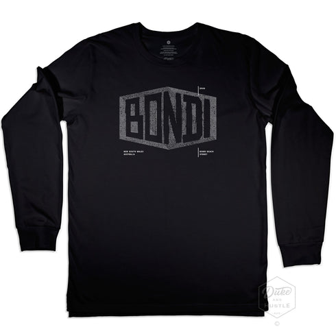 Bondi Beach Graphic Long Sleeve T Shirt on Australian Cotton, Black, Front