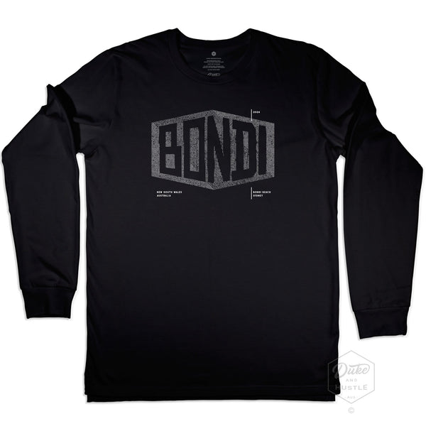 Bondi Beach Graphic Long Sleeve T Shirt on Australian Cotton, Black, Front