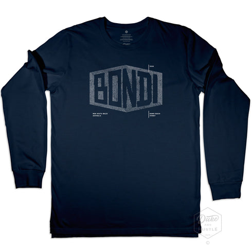 Bondi Beach Graphic Long Sleeve T Shirt on Australian Cotton, Navy, Front